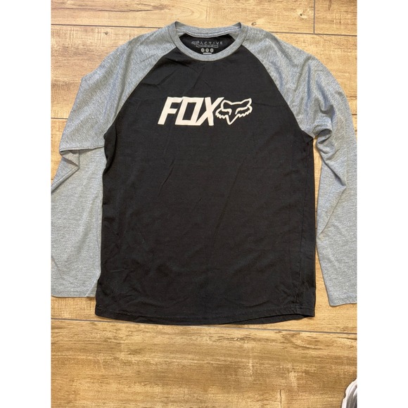 Mens FOX Active Tech Long Sleeve Raglan T-Shirt Gray Black Logo Graphic - Picture 1 of 7